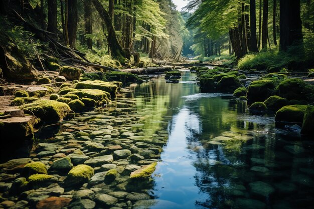 春の森の自然の風景、山林の美しい春の川の岩 AI 生成