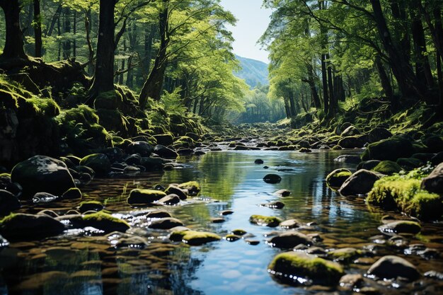 Spring forest nature landscape beautiful spring stream river rocks in mountain forest AI generati