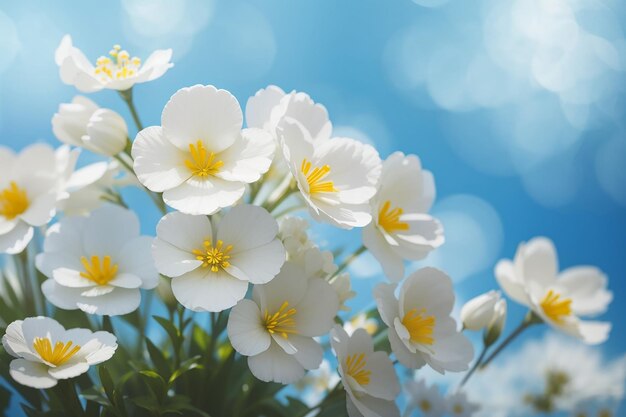 Spring forest white flowers primroses on a beautiful blue background macro blurred gentle skyblue background