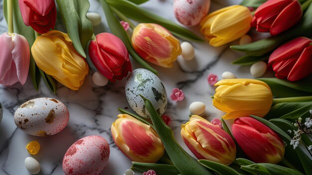 Spring fresh tulips with Easter eggs top view flat lay on light grey background