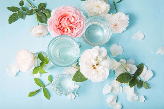 Spring fresh white, pink roses distorted through liquid water of  glass on blue.