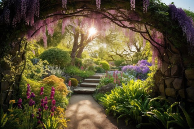 Spring garden filled with flowers wisteria arch serene pond and wildlife generative IA