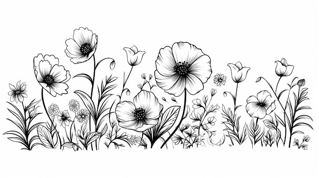 Spring garden flowers floral black outline isolated design