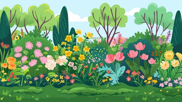 Photo spring garden with blooming flowers vector flat design