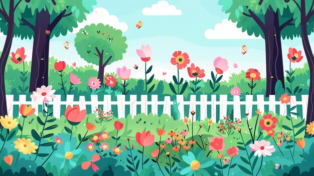Photo spring garden with blooming flowers vector flat design