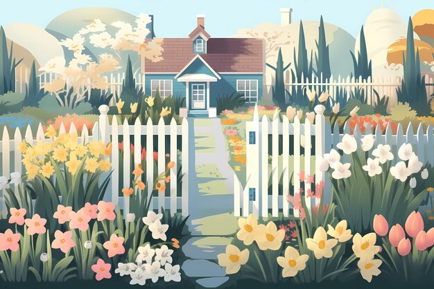 Photo spring garden with various flowers digital art illustration