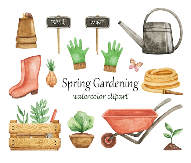 Foto spring gardening clipart aquarel, tuingereedschap set, kruiwagen, handschoenen, gieter geïsoleerd