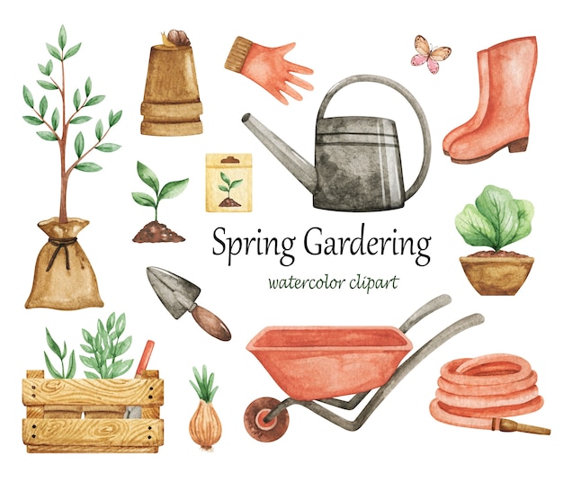 Spring Gardering clipart, tuingereedschap, elementen, aquarel tuinset, handschoenen, gieter