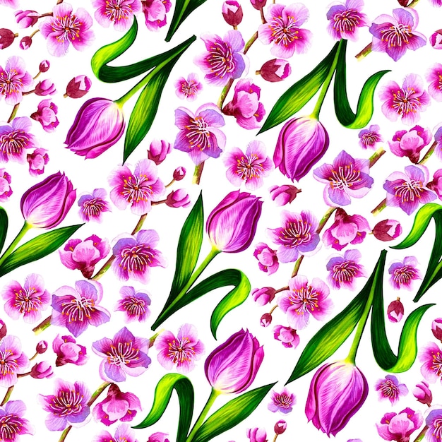 Spring gentle pattern with pink tulips and sakura. Watercolor illustration.