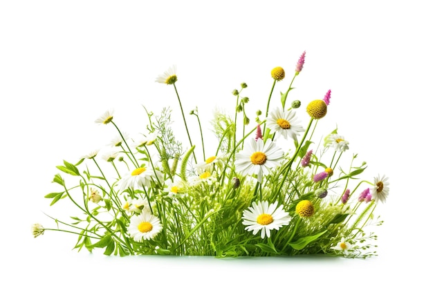 Spring grass and daisy flowers on white background