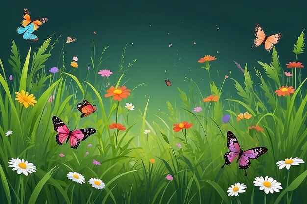 Фото Весенняя трава с бабочками луга с дикими цветами и бабочкамі иллюстрация трава вблизи