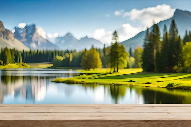 spring green meadow bokeh background with empty wooden table