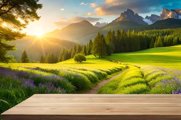 spring green meadow bokeh background with empty wooden table