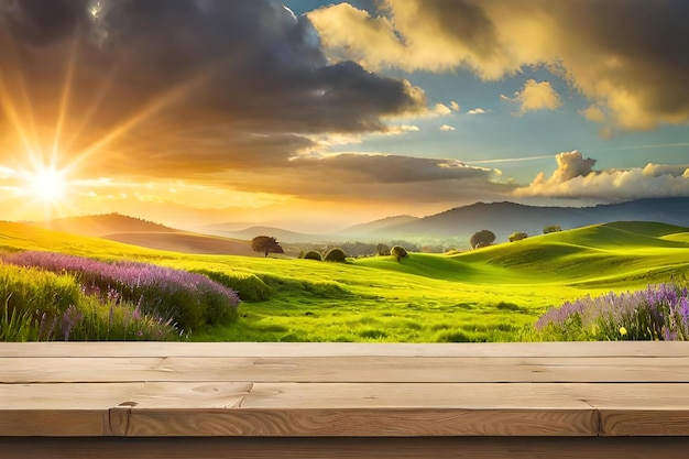 spring green meadow bokeh background with empty wooden table