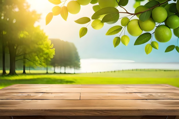 Spring green meadow bokeh background with empty wooden table