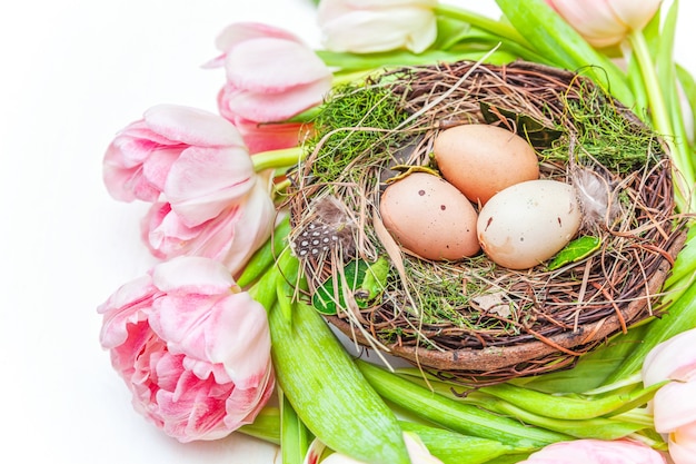 Spring greeting card. Easter eggs in nest and pink fresh tulip flowers bouquet on rustic white wooden background