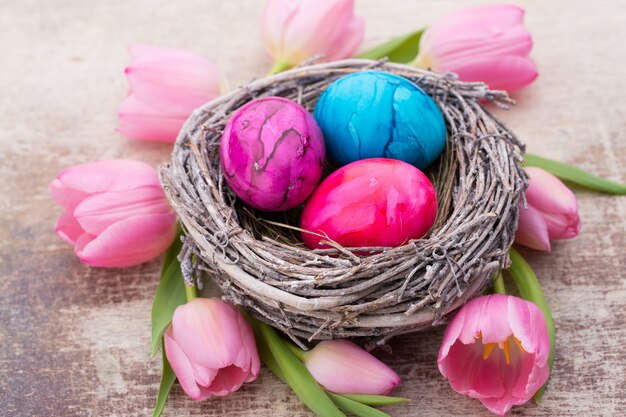 Spring greeting card Easter eggs in the nest