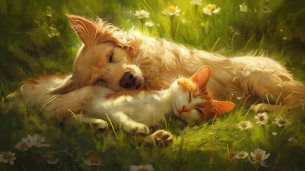 Spring Harmony Cute Dog and Cat Lying Together on Green Grass Field Basking in the Warmth