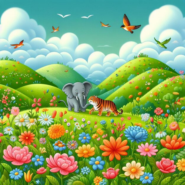 Spring Harmony Playful Tiger amp Elephant in Blooming Garden