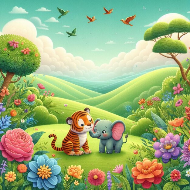 Spring Harmony Playful Tiger amp Elephant in Blooming Garden