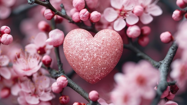 spring holiday Valentines Day romantic background with a heart on a background of cherry blossoms