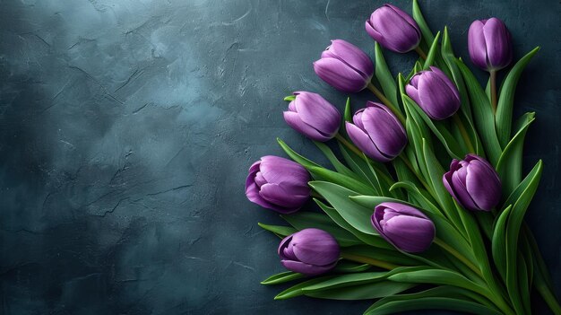 spring holiday womens day purple tulips on black stone background