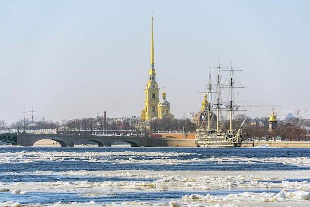 Spring ice drift on the Neva Peter and Paul Fortress frigate Grace