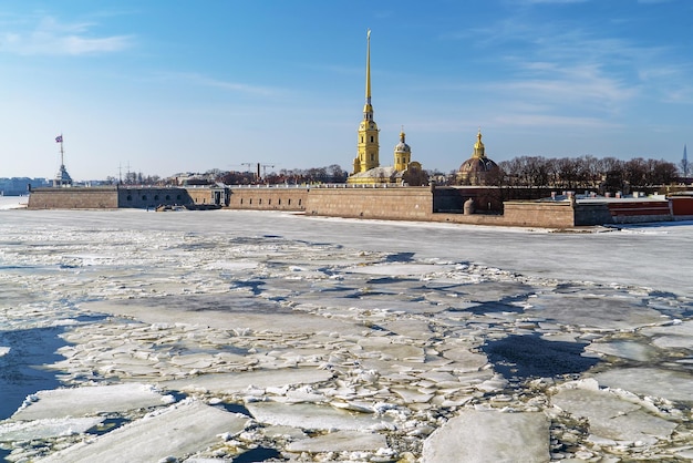 Spring ice drift on the Neva View from the Trinity Bridge to the Peter and Paul Fortress