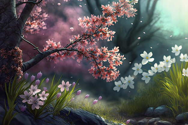 Spring idyll a peaceful and idyllic scene of blooming flowers and the arrival of spring ai generated