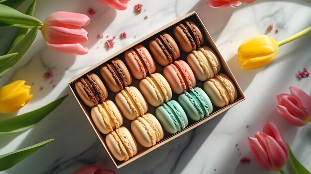 Spring Indulgence Top View of Colorful Macaroons and Tulips in a Gift Box Generative AI