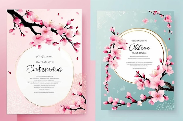 Spring invitations with blossom sakura cherry flowers Place for text