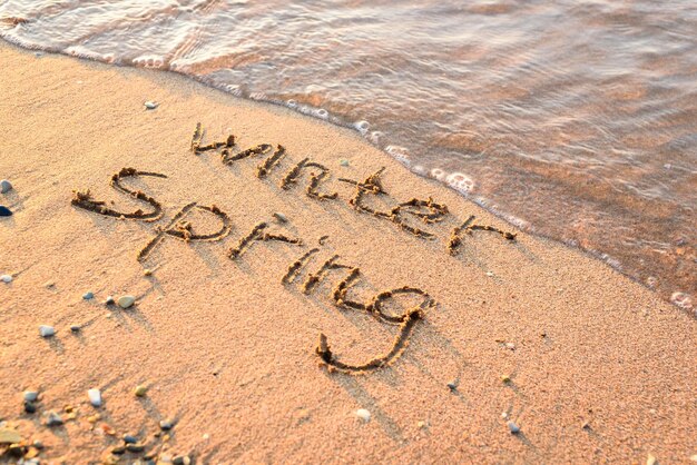 Spring is coming concept  inscription Winter and Spring on a beach sand