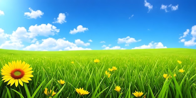 Фото Весенний пейзаж цветущее поле с зеленой травой и желтыми цветами голубое небо с солнцем и облаками иллюстрация природы