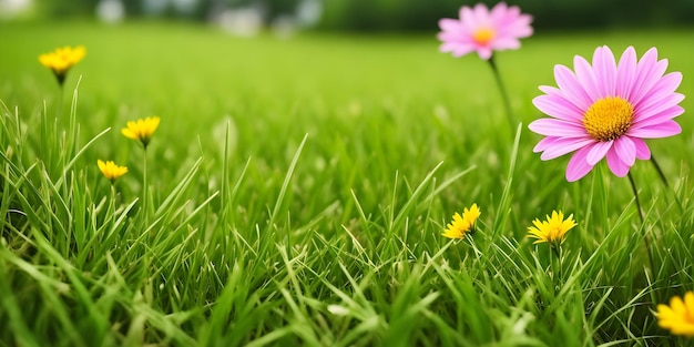 봄 풍경: 푸른 잔디와 두 개의 큰 분홍색 꽃이 꽃을 피우는  자연 일러스트레이션 생성 AI