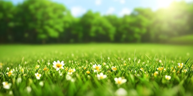 春の風景 緑の草と白い花がく畑 森の青い空 雲の自然 イラスト ジェネレーティブAI