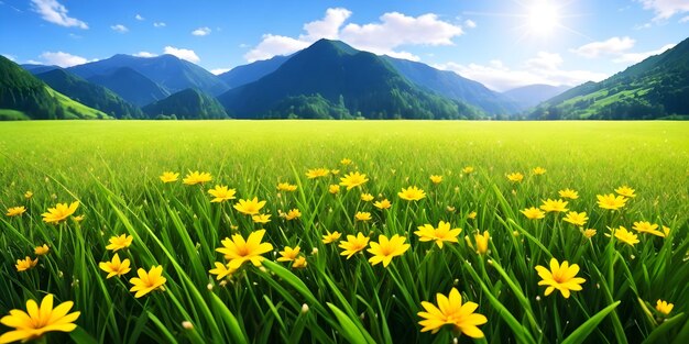 Spring landscape blossoming field with green grass yellow flowers blue sky with sun and clouds mountains and forest Nature illustration Generative AI