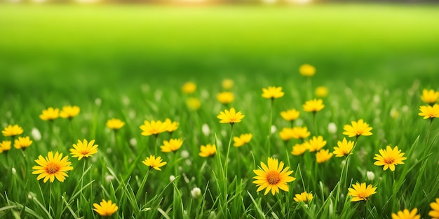 Spring landscape blossoming field with green grass and yellow flowers Nature illustration Generative AI