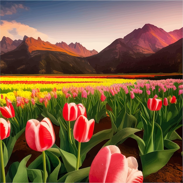 Photo spring landscape field tulips against backdrop beautiful mountains and sunset