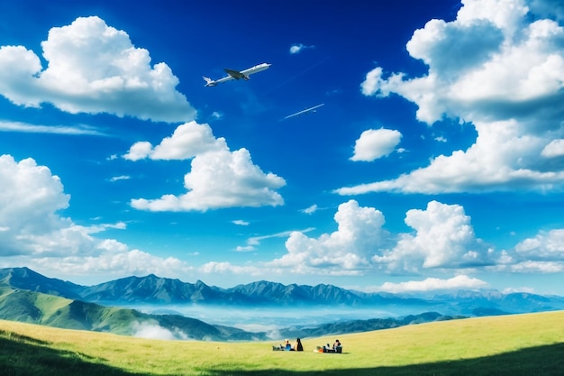 Spring landscape green field and blue cloudy sky