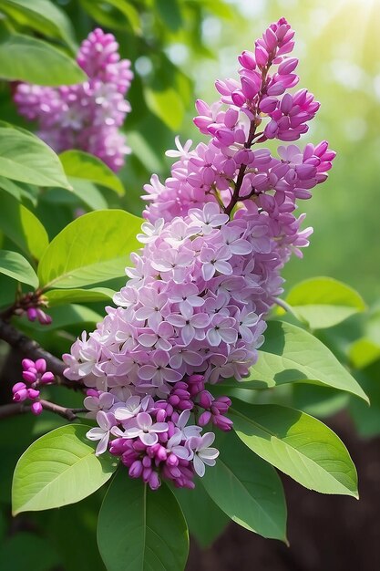 Spring landscape lonely branch of blossoming lilac closeup