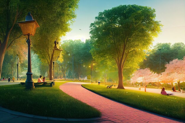 Spring landscape overlooking the city park for walking and relaxing with green trees and lawn and paths 3d illustration