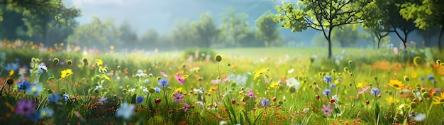 Photo spring landscape panorama with flowering flowers on meadow background ai generated