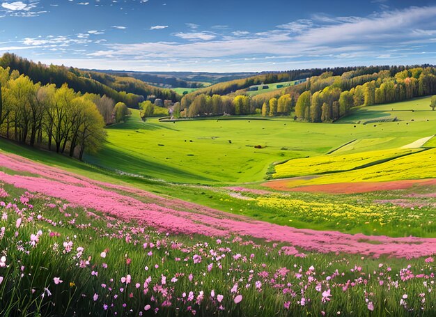 Spring landscape panorama with flowering flowers on meadow