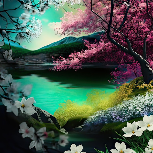 Spring landscape of sakura in the early morning Japanese culture untouched nature living plants natural lighting high resolution art generative artificial intelligence