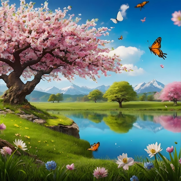 Spring landscape with blooming tree flowers and butterflies Digital painting