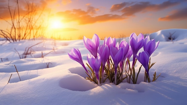 Spring landscape with first flowers purple crocuses on the snow in nature in the rays of sunlight