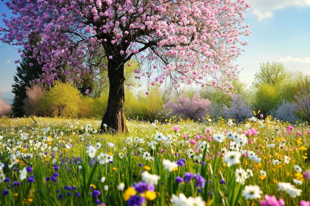 Photo spring landscape with flowers and butterflies