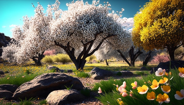 Spring Landscape with flowers and trees