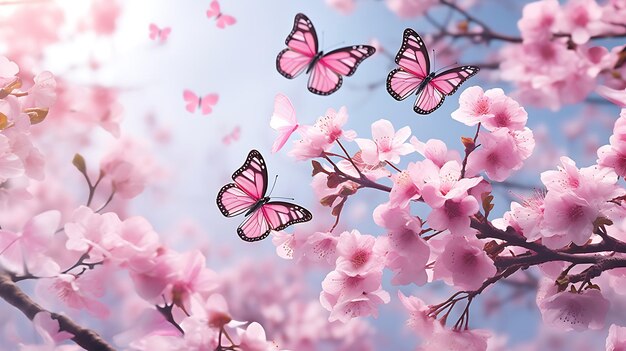 写真 満開のピンクの桜の花と美しい蝶の春の風景