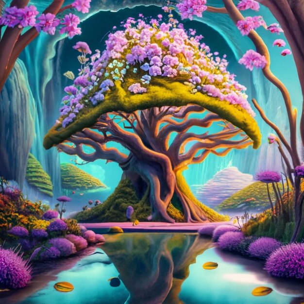 Spring landscape with river 3d illustration